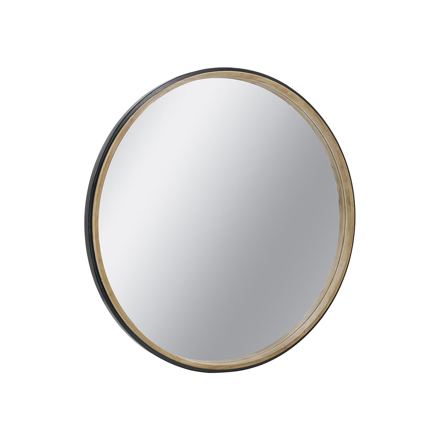 Angled view of the Design Republique Sienna Round Mirror showing the layered natural wood-look and black frame.