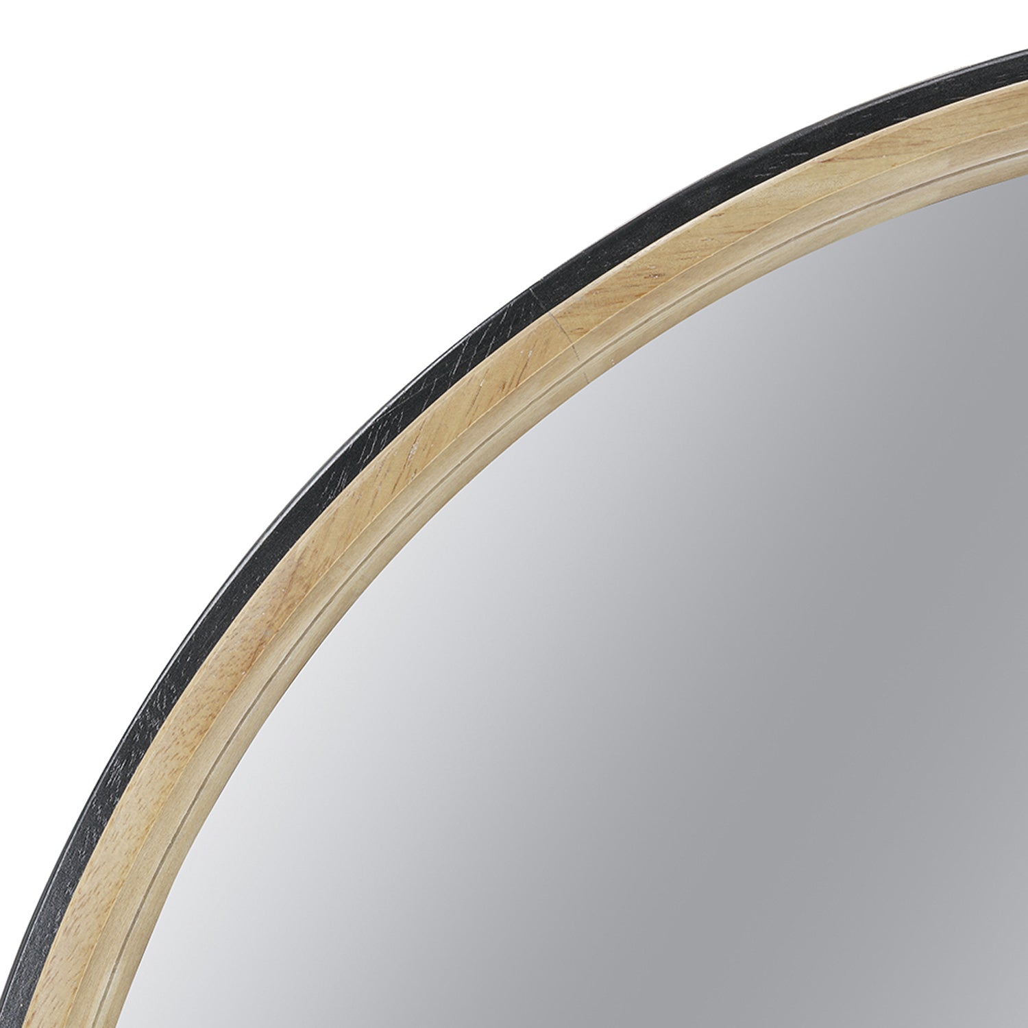 Close-up of the Design Republique Sienna Round Mirror highlighting the natural wood-look inner frame and contrasting black outer edge.