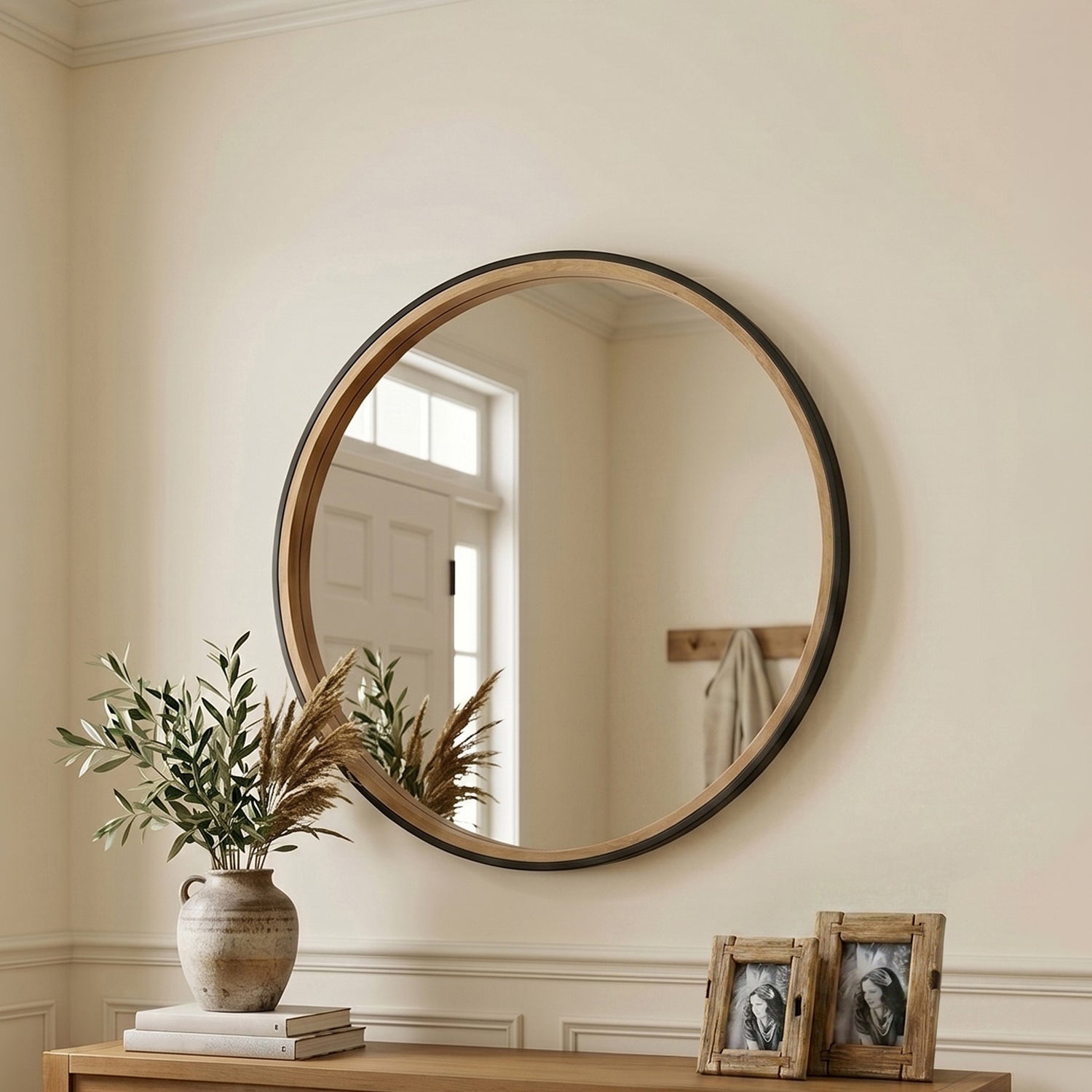 Design Republique Sienna Round Mirror displayed above a wooden console table in a warm, neutral interior setting.