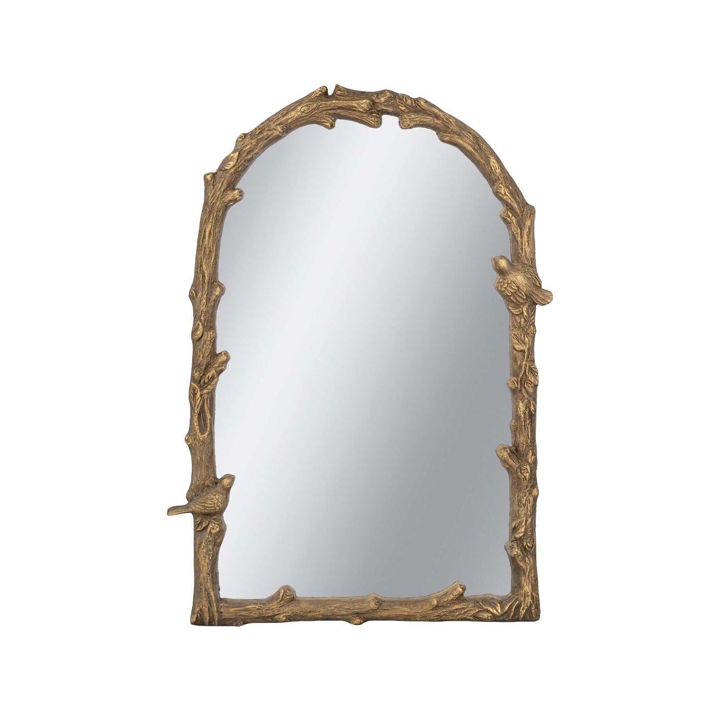 Gracious Living Birds Arched Mirror in gold, featuring an arched reflective centre surrounded by a sculpted branch-style frame with decorative birds.