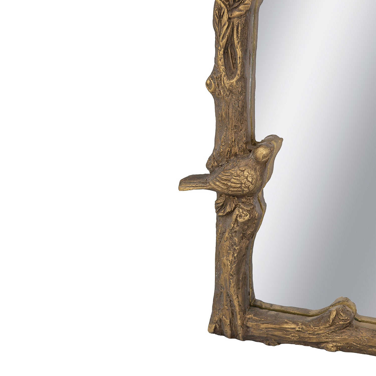 Close-up of the Gracious Living Birds Arched Mirror highlighting a sculpted bird perched on the detailed branch-style frame.