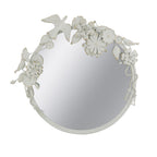 Gracious Living Birds & Flowers Round Mirror in white, featuring a circular reflective centre surrounded by sculpted flowers, leaves, birds and decorative tassel details.