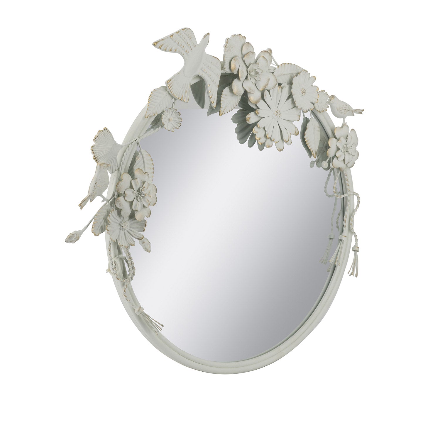 Alternative angled view of the Gracious Living Birds & Flowers Round Mirror showing the decorative floral arrangement across the upper frame.