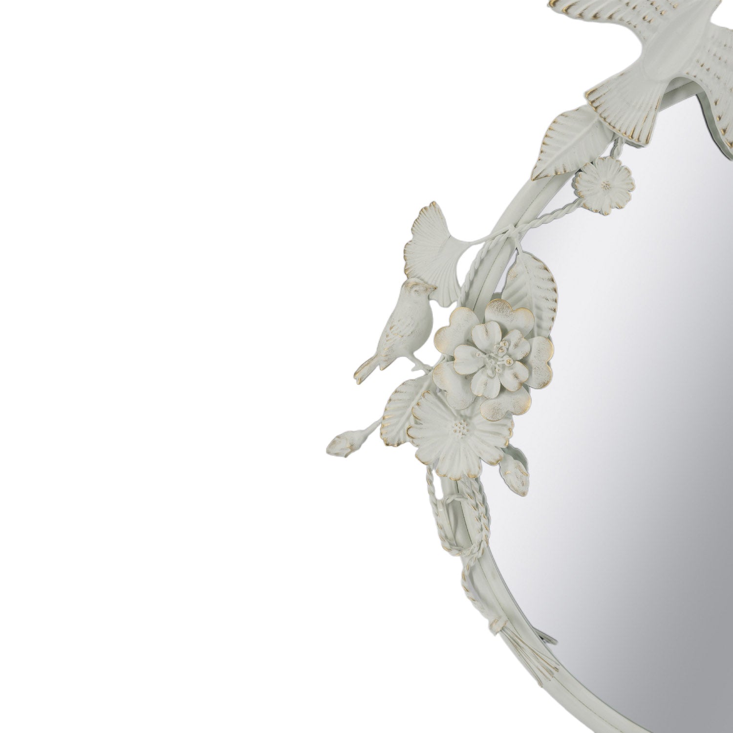 Close-up of the Gracious Living Birds & Flowers Round Mirror highlighting the sculpted white birds, flowers and leaves with subtle gold-toned accents.
