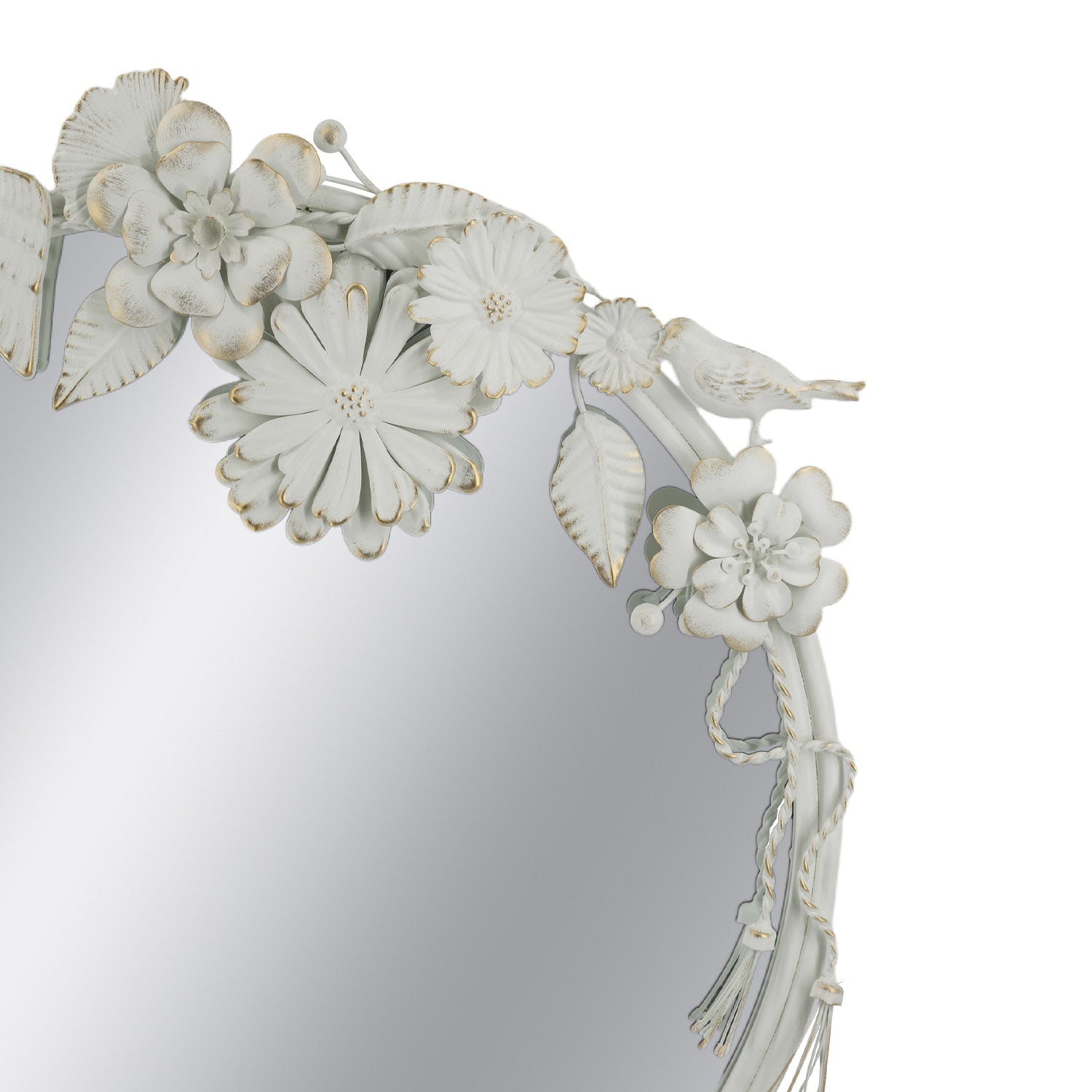 Close-up of the Gracious Living Birds & Flowers Round Mirror highlighting the white sculpted flowers, leaves, bird and hanging tassel details with subtle gold-toned accents.
