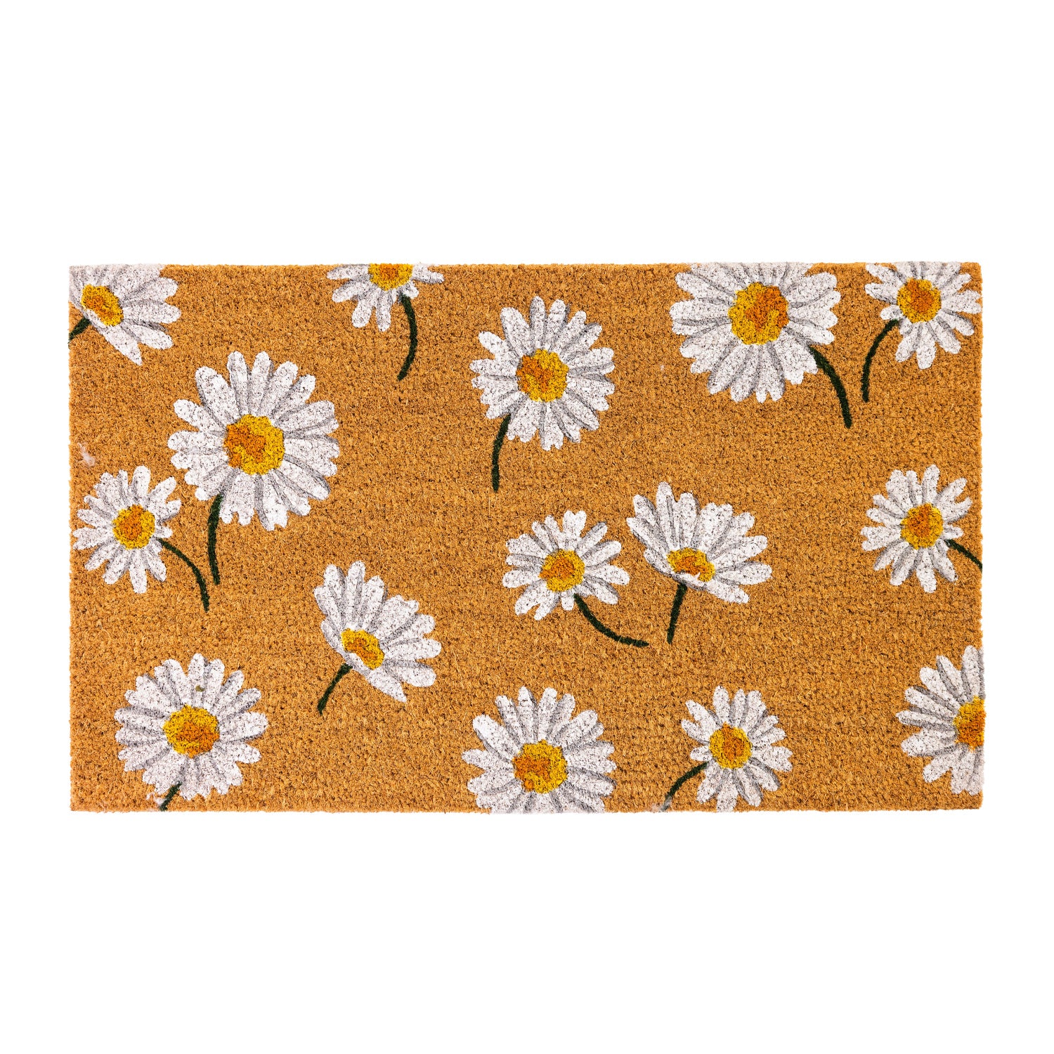 A charming coir doormat features a scattered white daisy design on a natural coir background, bringing a fresh, cheerful touch to any entryway.