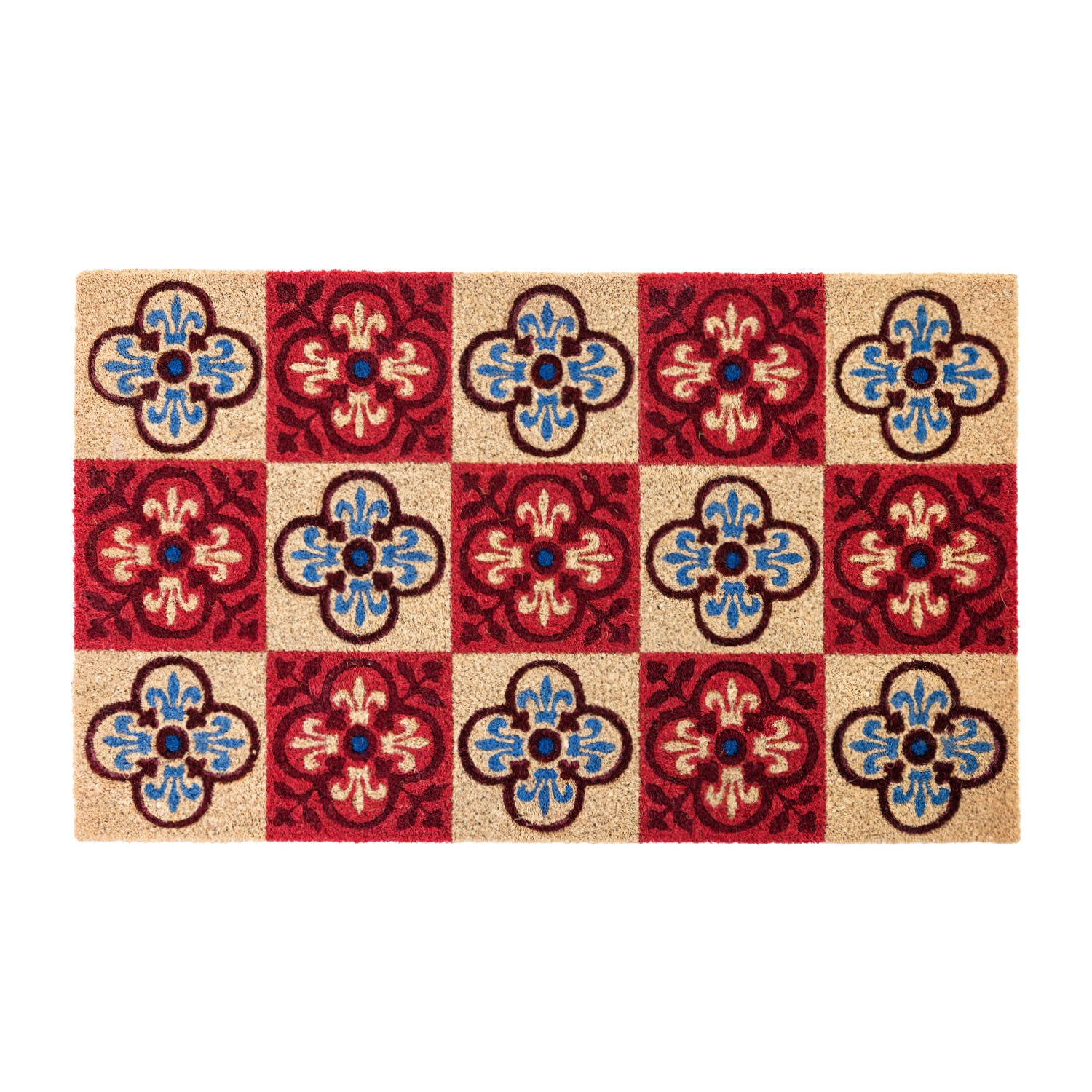 A striking coir doormat features a bold checkerboard design with vibrant floral tile motifs in rich red, blue and natural tones, creating a colourful and welcoming entrance.