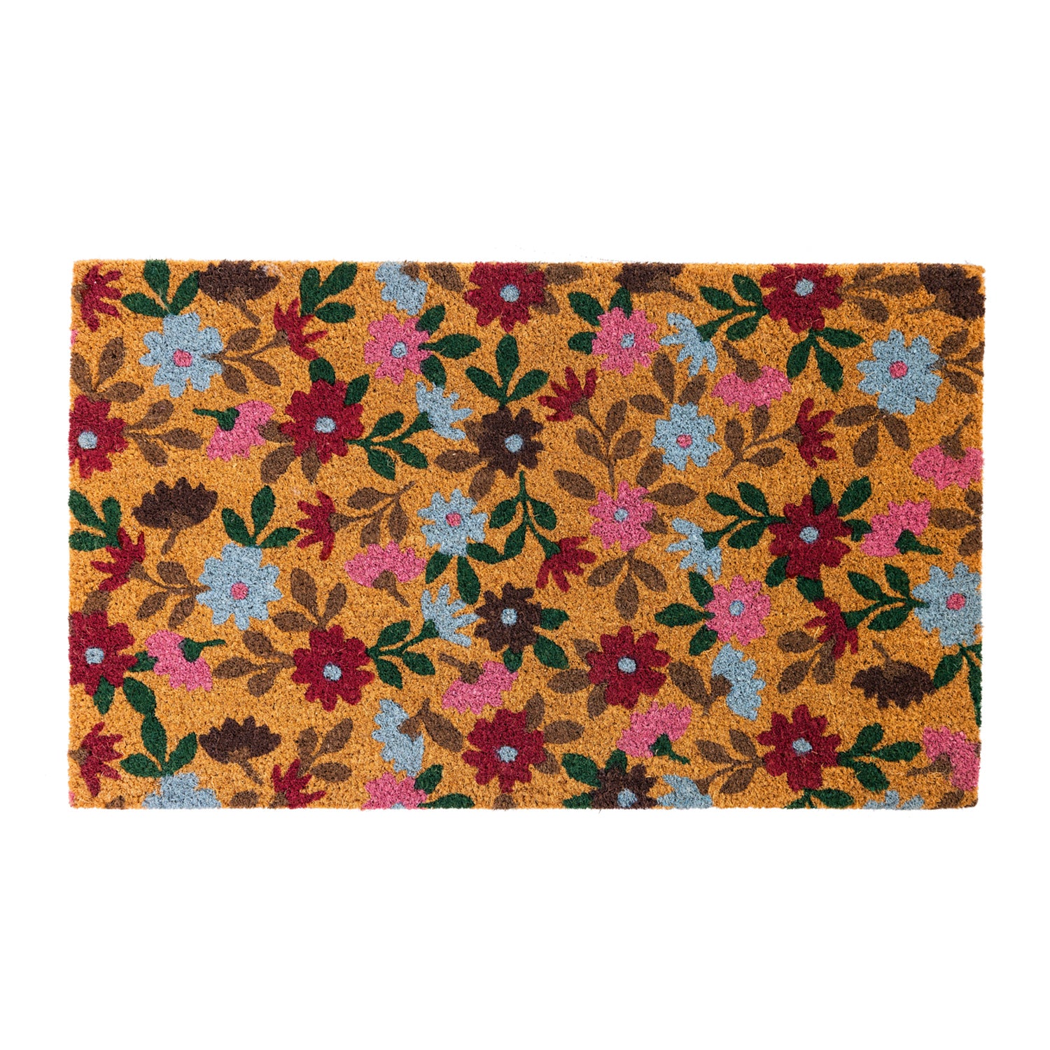 A vibrant floral coir doormat features an all-over pattern of colourful blooms in rich pink, blue, burgundy and green tones on a natural coir background, creating a cheerful and inviting entrance.