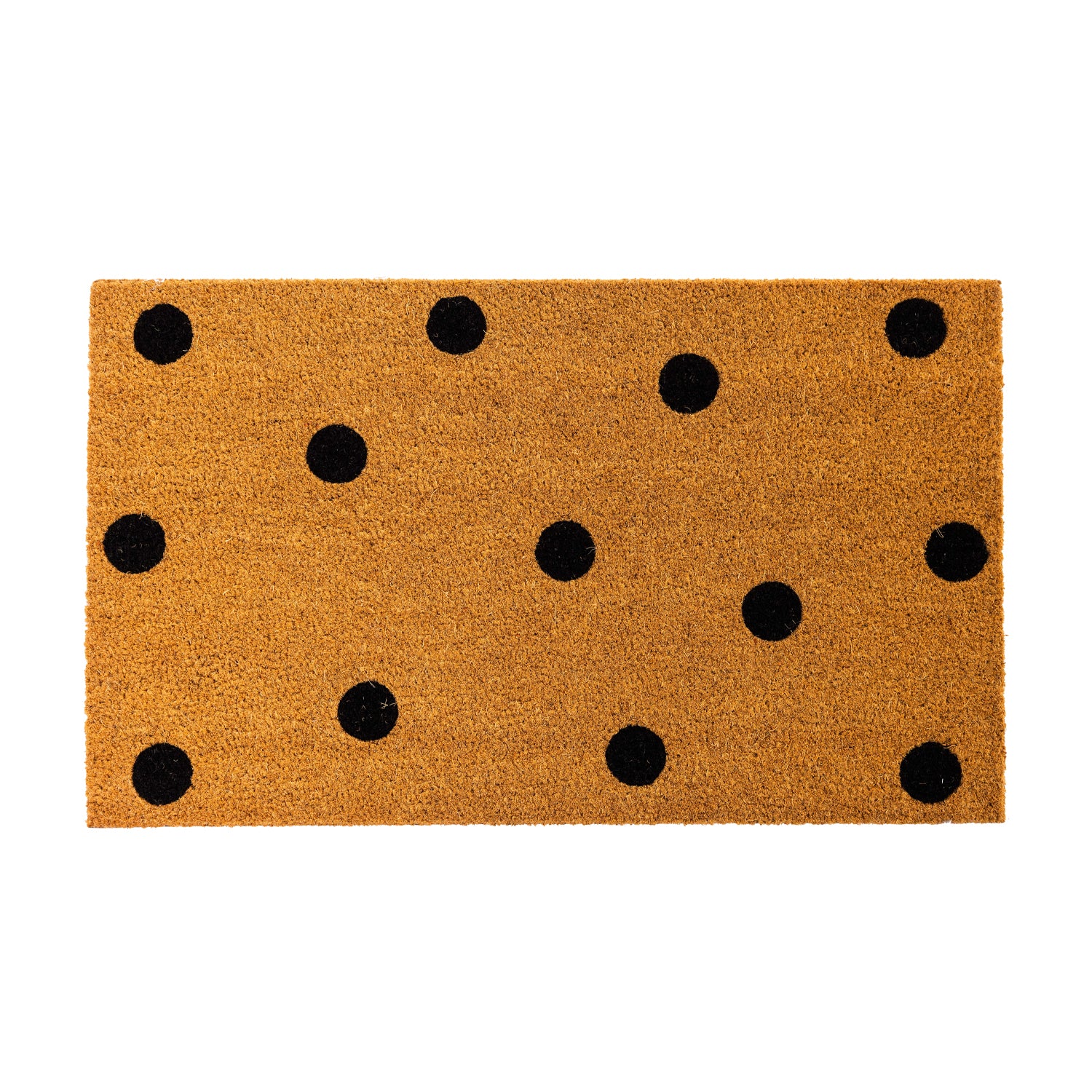 A classic natural coir doormat features a playful black polka dot design, adding a simple yet stylish touch to any entryway.