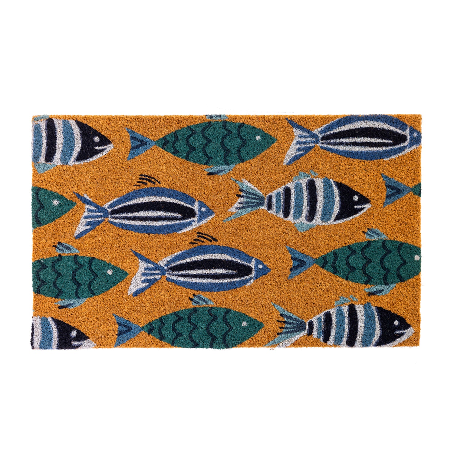 A vibrant coir doormat featuring playful blue and teal fish adds a cheerful coastal-inspired touch to a bright, welcoming entryway.