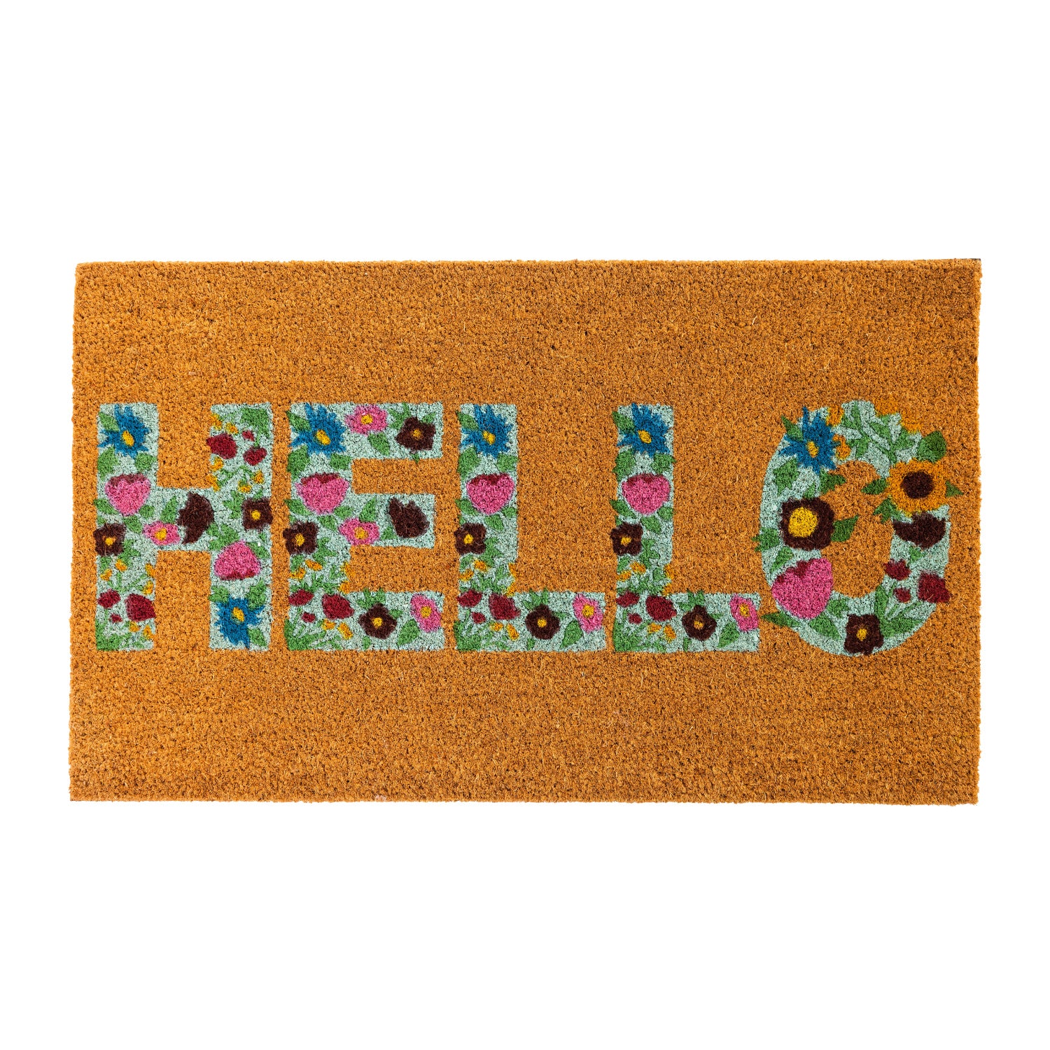 A natural coir doormat featuring bold floral "HELLO" lettering adds a cheerful, welcoming touch to any entryway with its vibrant botanical design.