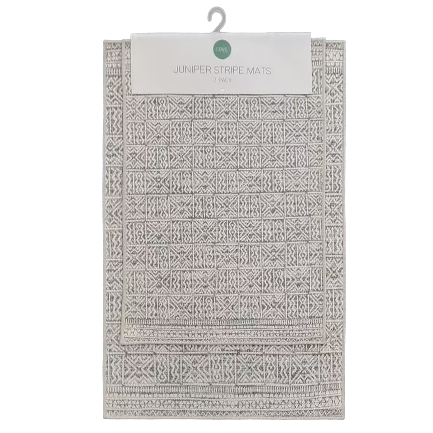 Cove Juniper Stripe 2 Pack Mats in faded blue with a grey and white geometric stripe pattern, displayed on a hanging product card.
