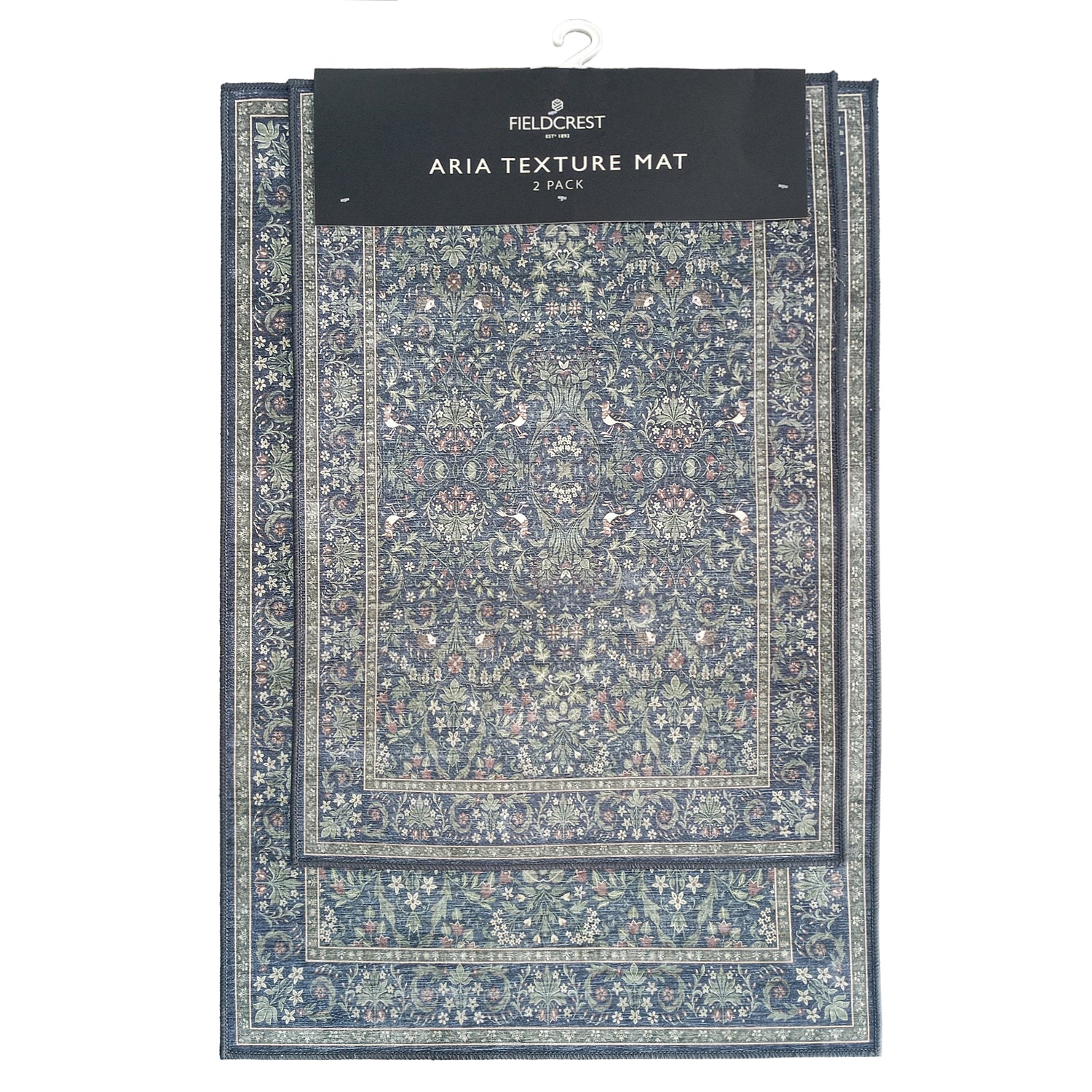 Fieldcrest Aria Texture Mat 2 Pack in coal with a detailed floral and border design, displayed on a hanging product card.