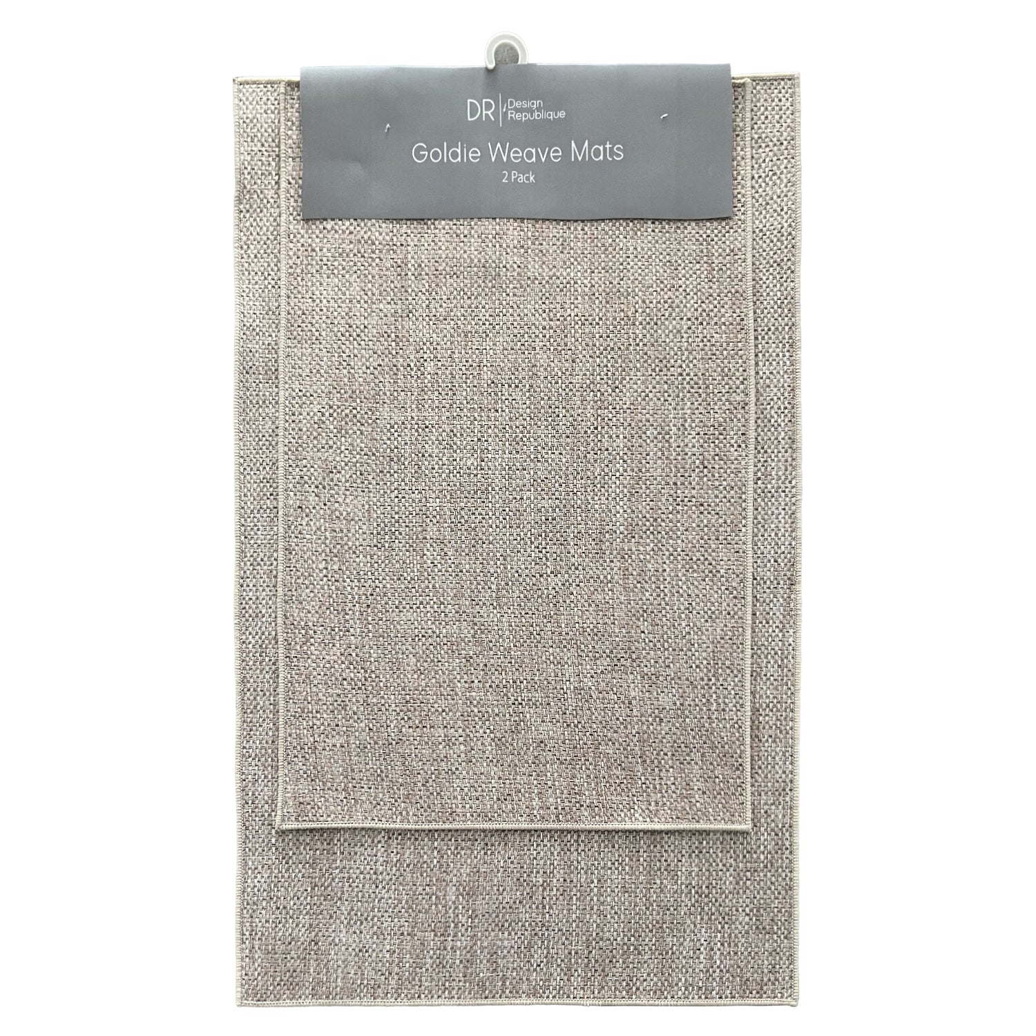 Design Republique Goldie Weave 2 Pack Mats in natural with a simple woven texture and neutral border, displayed on a hanging product card.