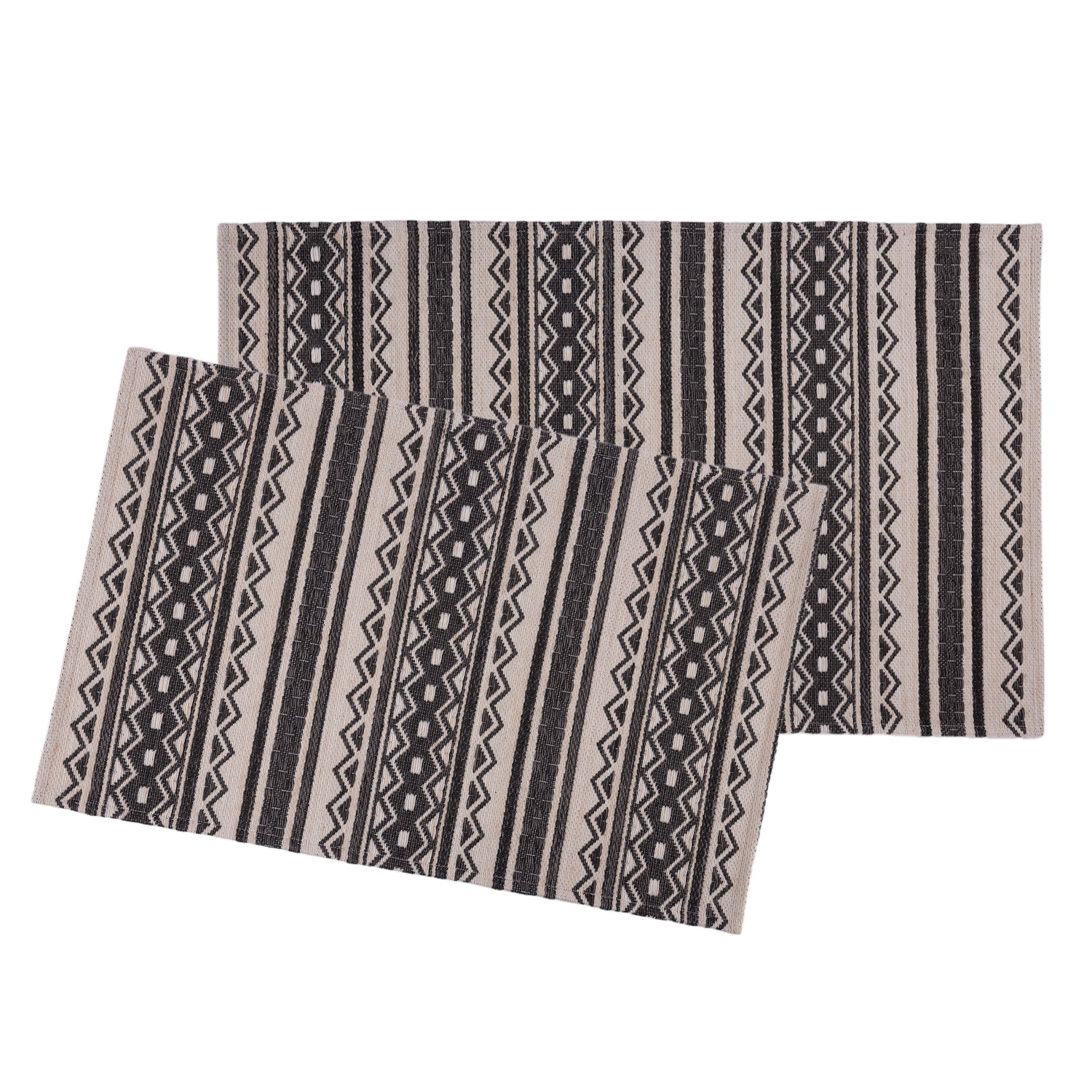 Two rectangular woven placemats with a black and beige geometric tribal pattern, displayed overlapping on a solid white background.