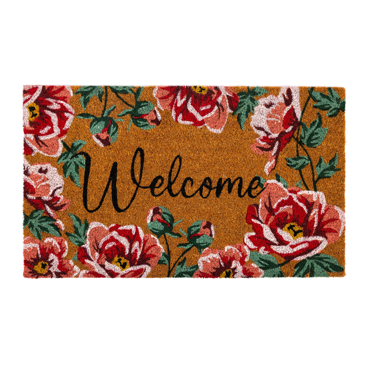 Design Republique Gabriel Floral Welcome Coir Mat featuring a natural coir background with vibrant red and pink floral detailing, green leaves and black Welcome lettering.