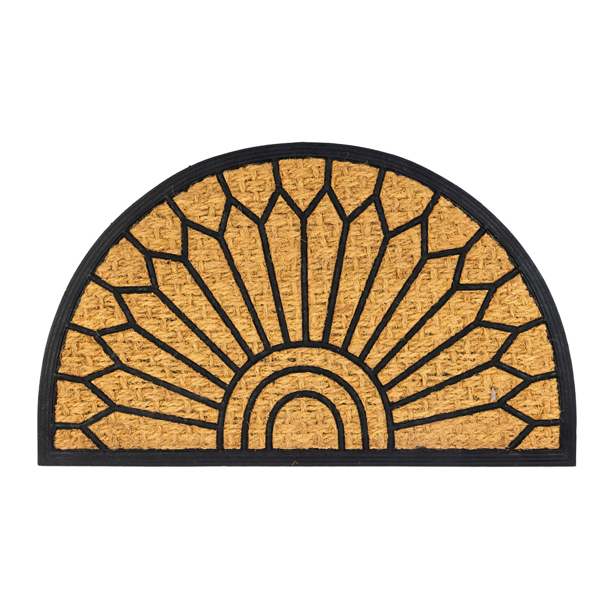 Design Republique Gabriel Semi Rubber Coir Mat in natural featuring a semi-circular shape with a black rubber border and geometric sunburst pattern.