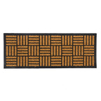 Fieldcrest Checkers Ranch Coir Mat in natural, featuring a black rubber border and geometric checkerboard pattern with alternating horizontal and vertical stripes against a white background.
