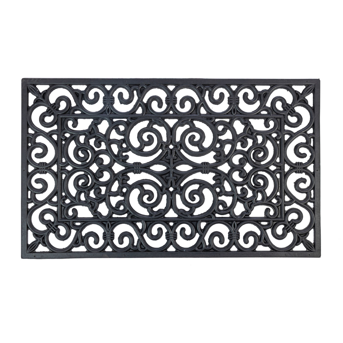 Design Republique Gabriel Rubber Mat in black, featuring an intricate ornamental scrollwork pattern with an openwork design against a white background.