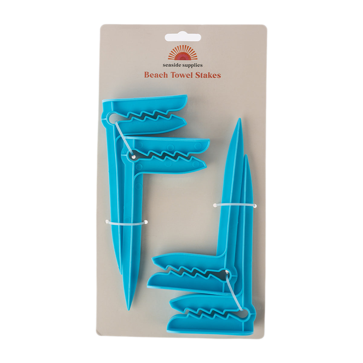 Seaside Supplies Sky Blue Beach Towel Stakes set of four in packaging.