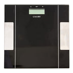 A sleek black digital body scale with a glossy finish, featuring two white side panels and a small LCD screen at the top center. The brand name 'Caliary' is printed in white below the screen.