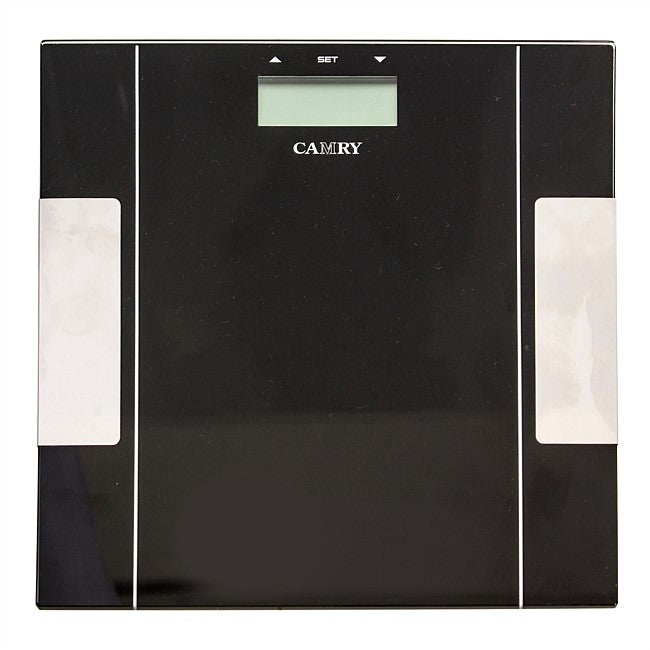 A sleek black digital body scale with a glossy finish, featuring two white side panels and a small LCD screen at the top center. The brand name 'Caliary' is printed in white below the screen.