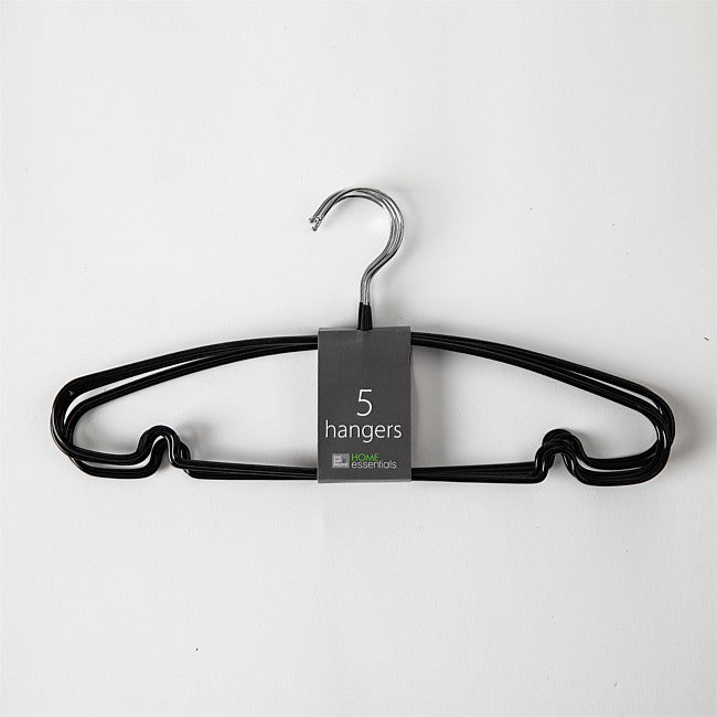 A set of five black metal clothes hangers with a silver-colored hook, shown with a gray paper label that reads '5 hangers' on a plain white background.