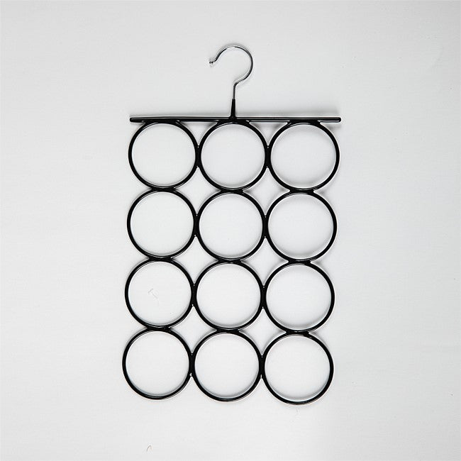 A black metal wall-mounted ring hanger with a single hook at the top and twelve circular ring slots arranged in a grid, shown against a plain white background.