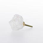 White crystal cluster drawer knob with iridescent textured finish and gold-tone metal fitting.