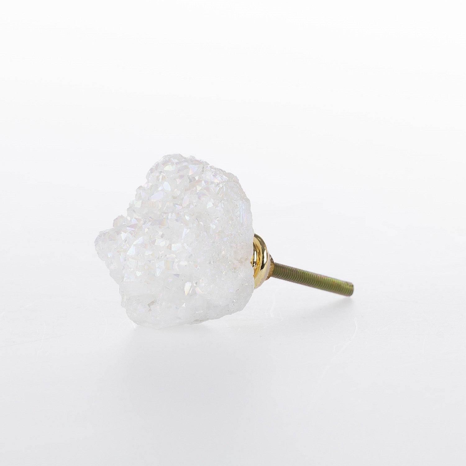 White crystal cluster drawer knob with iridescent textured finish and gold-tone metal fitting.