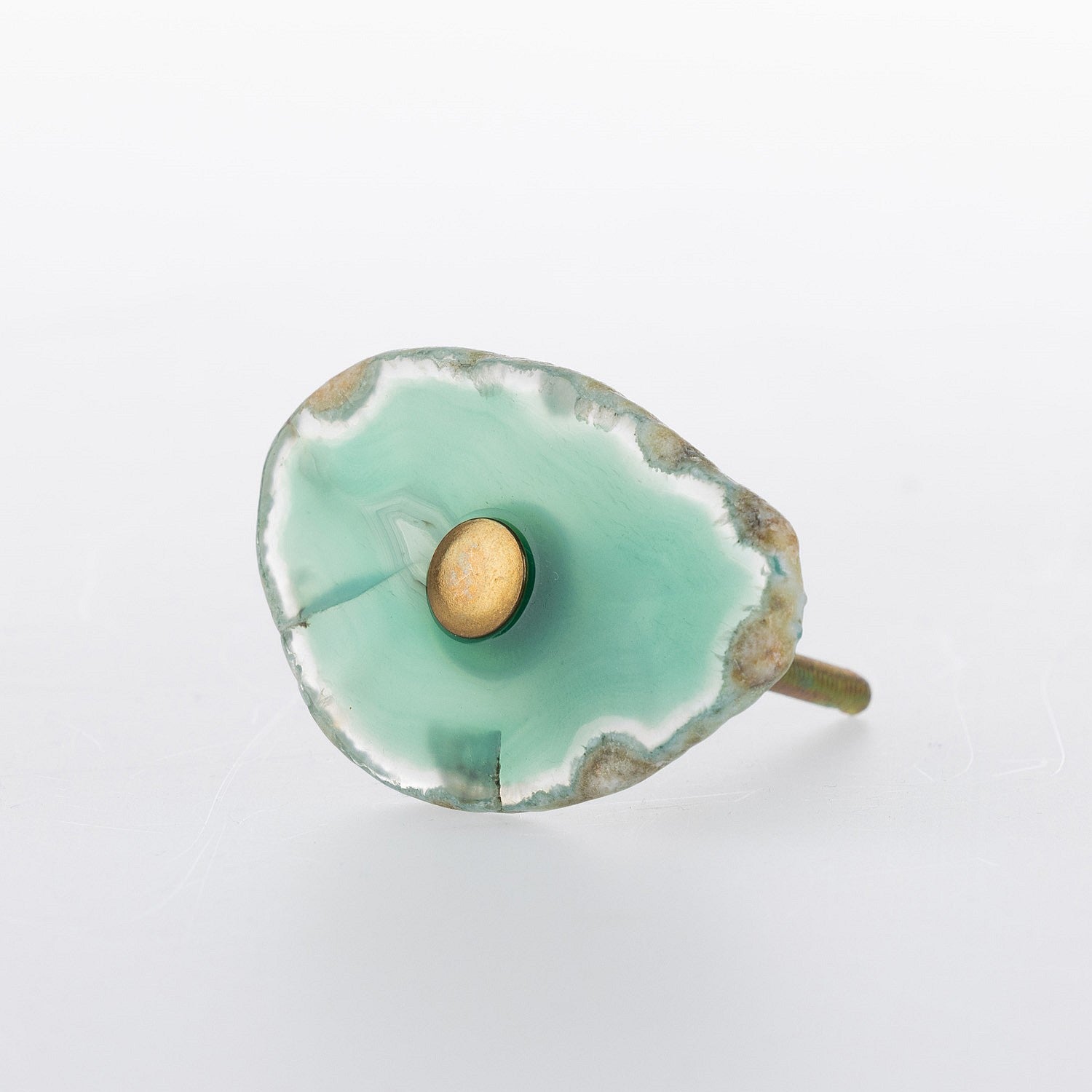 Green agate slice drawer knob with natural stone banding, organic edges and gold-tone centre detail.