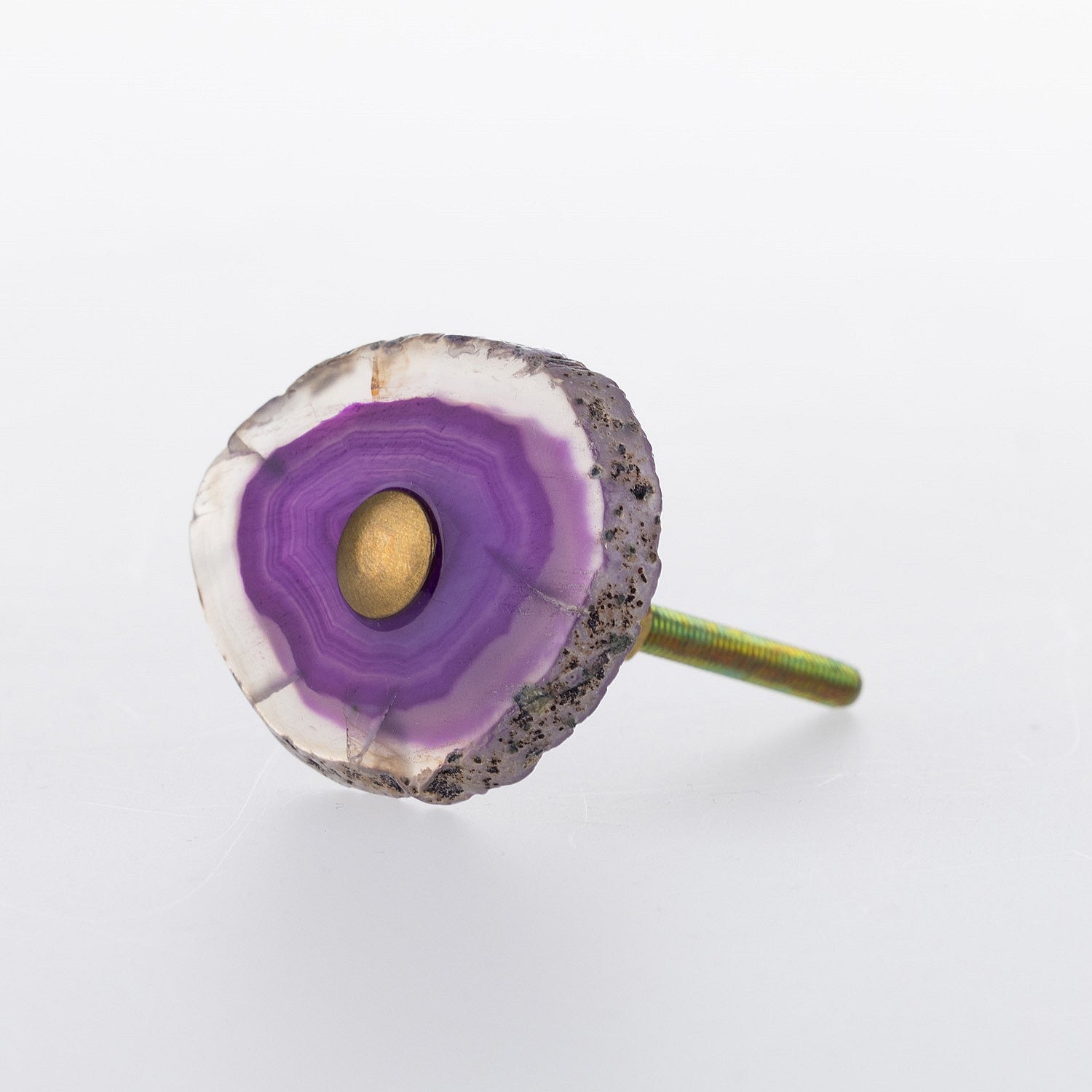 Purple agate slice drawer knob with natural stone banding, organic edges and gold-tone centre detail.