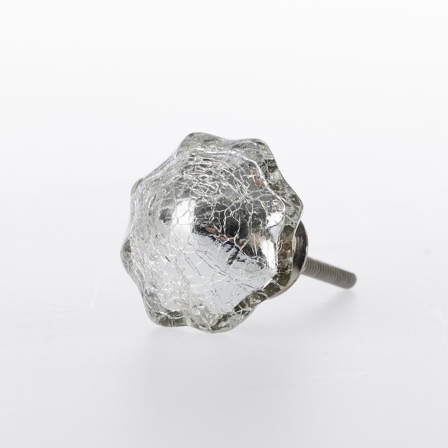 Crackle glass drawer knob with silver mirrored finish and metal screw fitting.