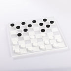 Checkers game featuring black and white playing pieces arranged on a clear acrylic checkerboard with a frosted square pattern.