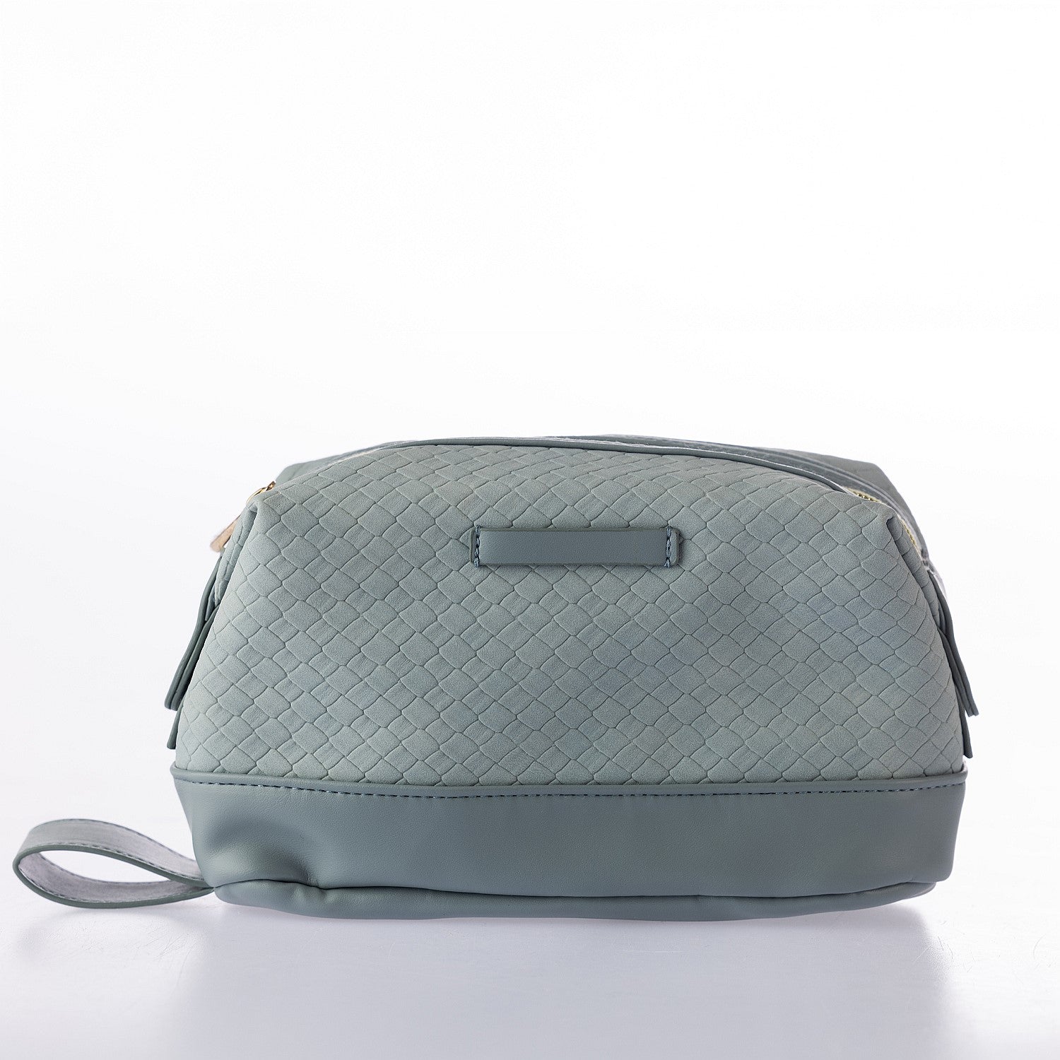 Blue woven-look cosmetic bag with textured finish, wrist strap, and zip closure on a white background.