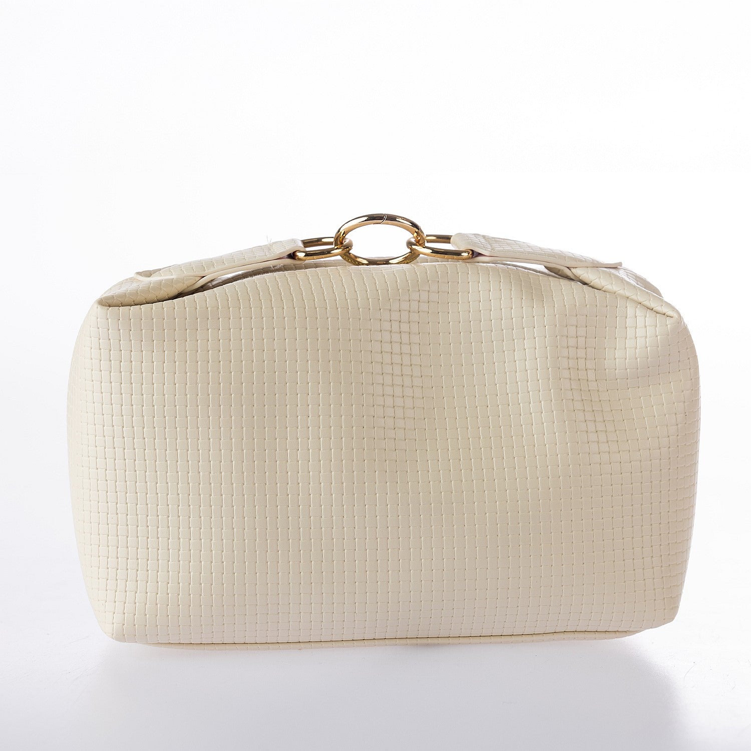 Cream textured cosmetic bag with gold ring hardware and zip closure on a white background.