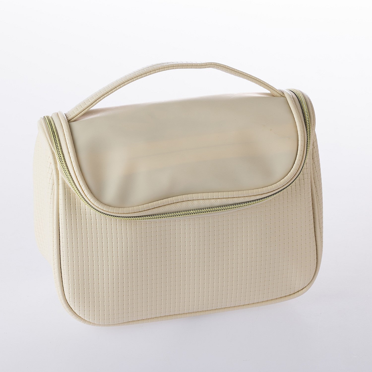 Cream textured vanity case with carry handle and zip closure on a white background.