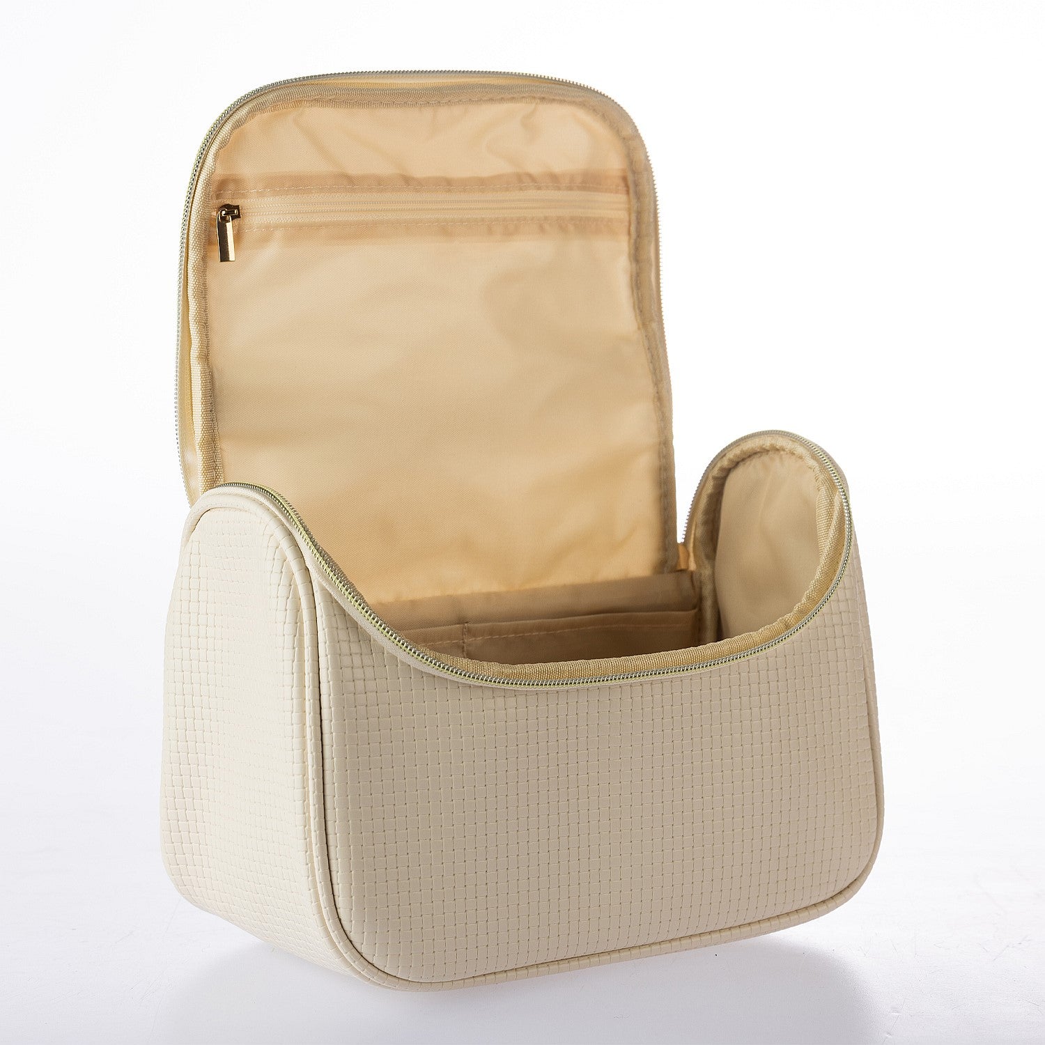 Open cream vanity case featuring spacious interior storage and internal zip pocket on a white background.