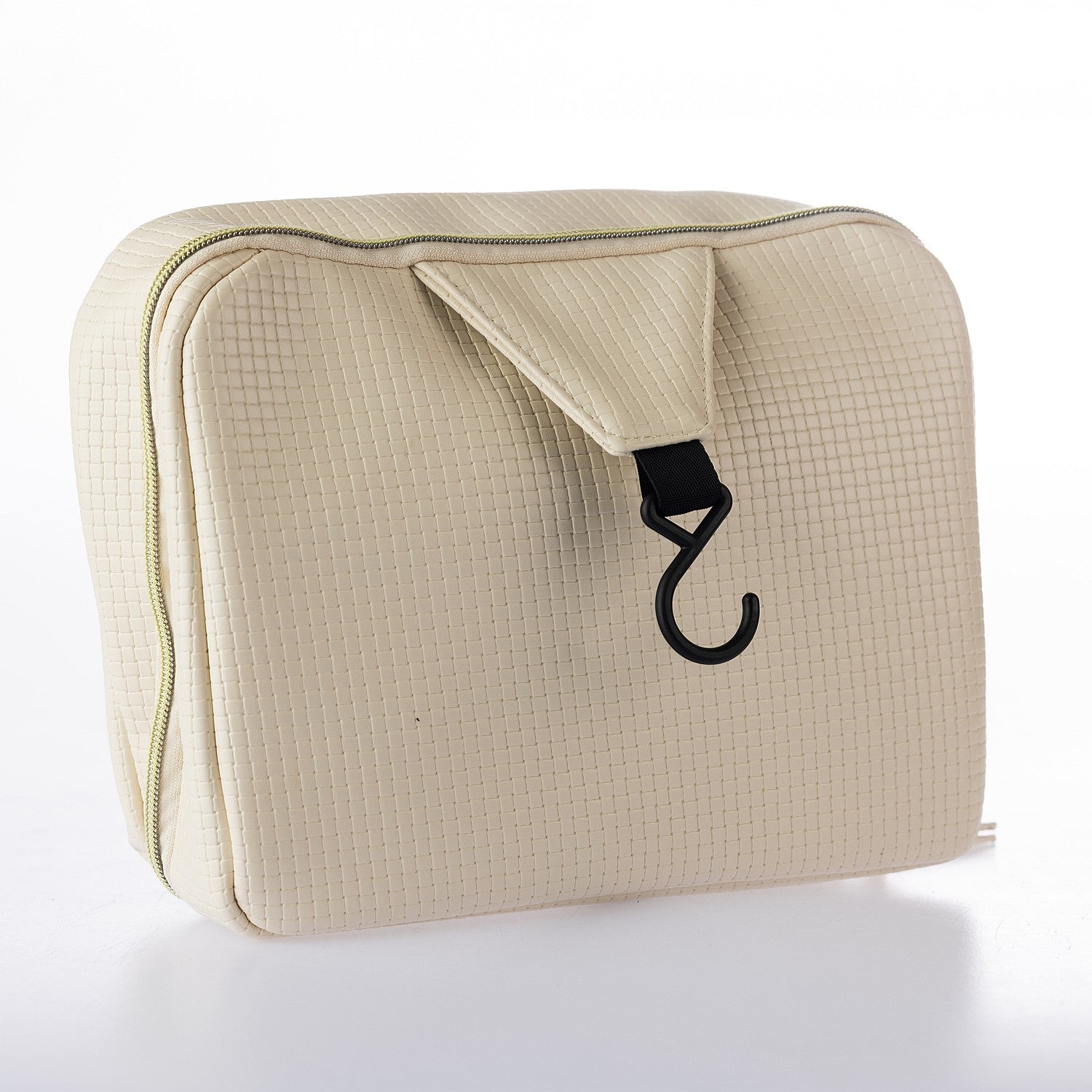 Cream textured hanging toiletry bag with zip closure and built-in hook on a white background.