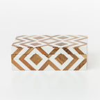 Solace Brie brown and white resin jewellery box with geometric wood-look pattern on a white background.