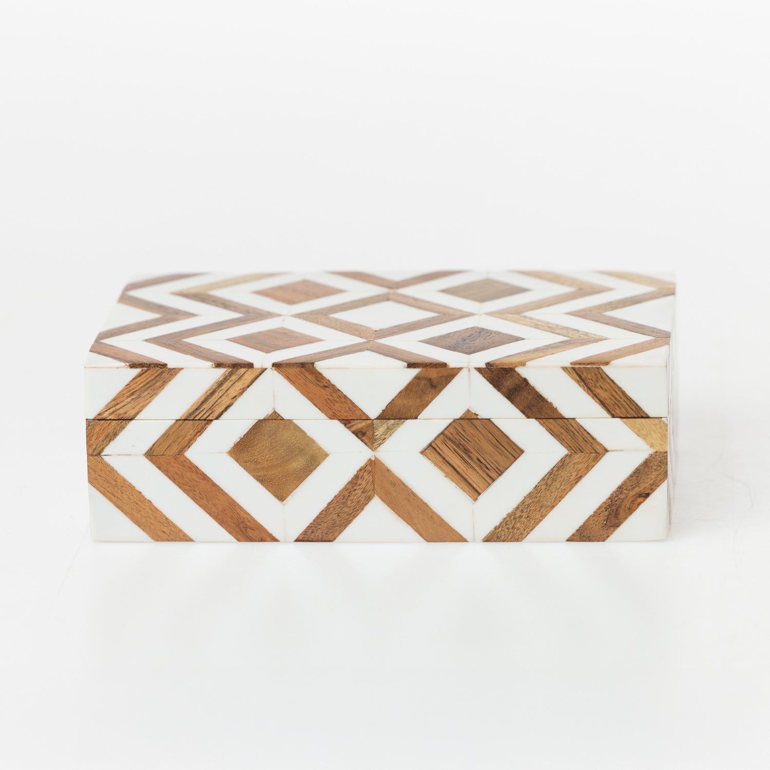 Solace Brie brown and white resin jewellery box with geometric wood-look pattern on a white background.