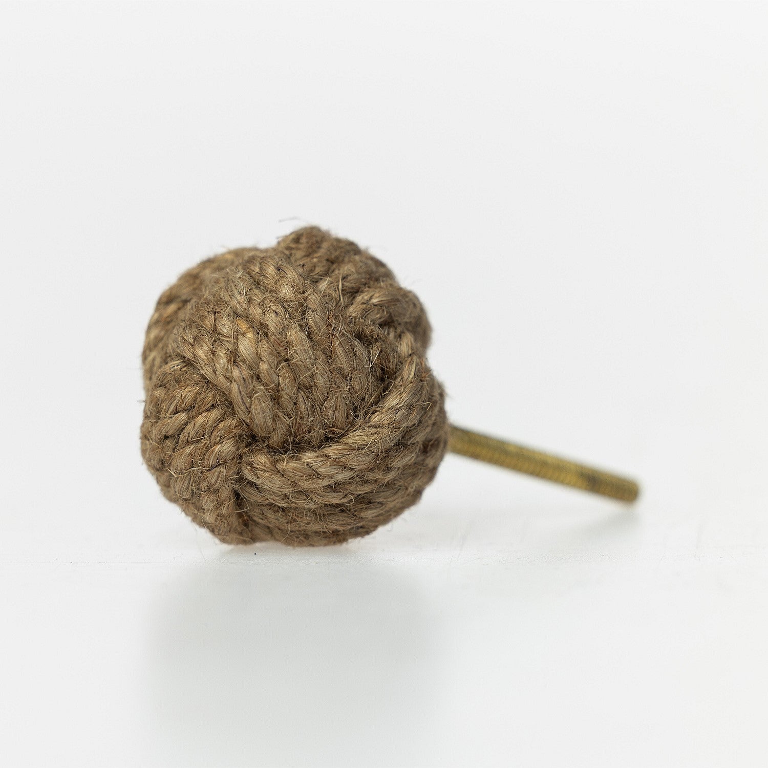 Round knotted jute rope drawer knob with natural textured finish and metal screw fitting.
