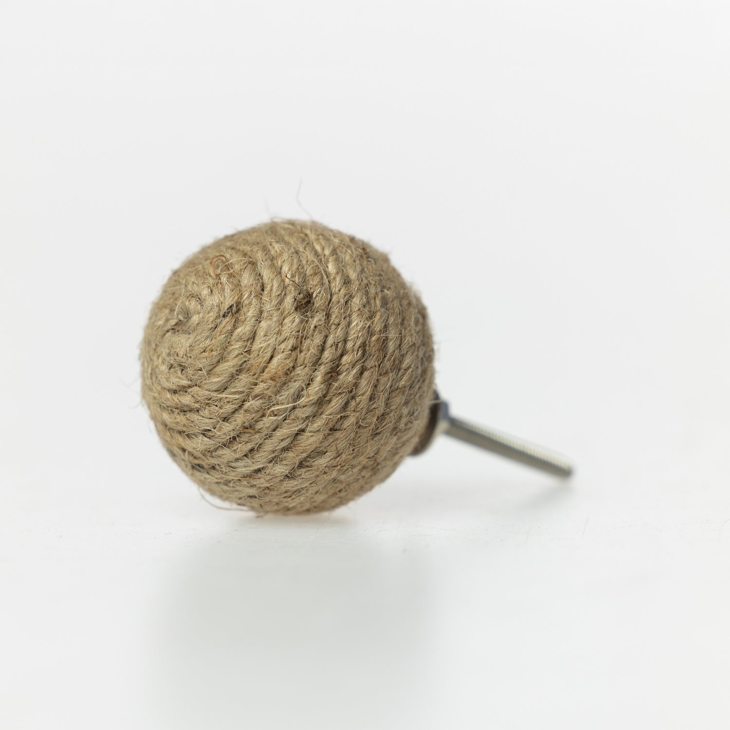 Round jute rope drawer knob with natural textured finish and metal screw fitting.

