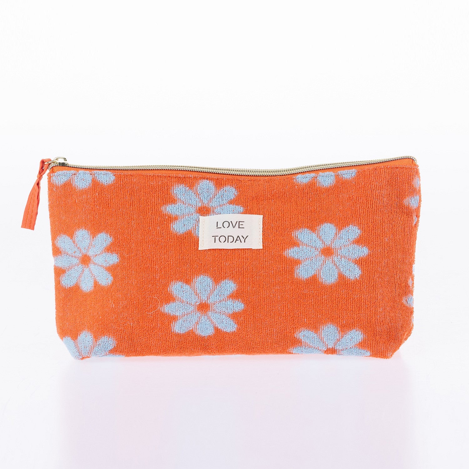 Orange floral cosmetic pouch with soft textured fabric, zip closure, and “Love Today” label on a white background.