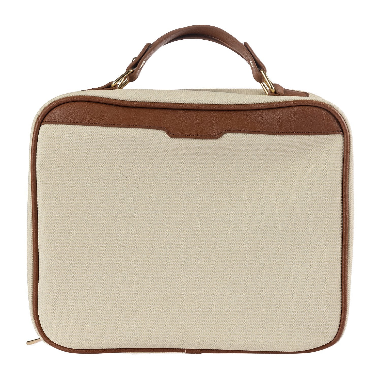 Neutral canvas vanity case with brown trim detailing, carry handle, and gold hardware on a white background.
