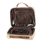 Open neutral canvas vanity case with mesh and clear zip compartments, carry handle, and organised cosmetic storage on a white background.
