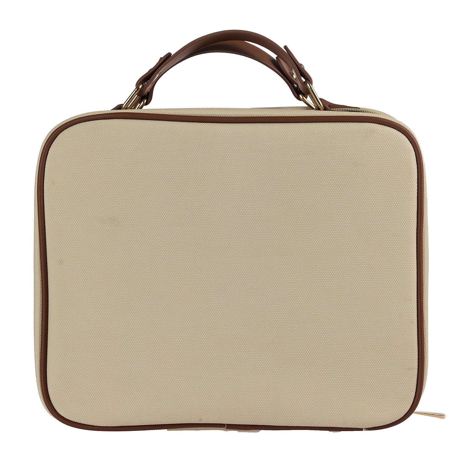 Neutral canvas vanity case with brown trim and structured carry handle on a white background.

