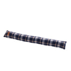 Navy, grey and white checked draught stopper with tan accents and a brown faux leather tab.