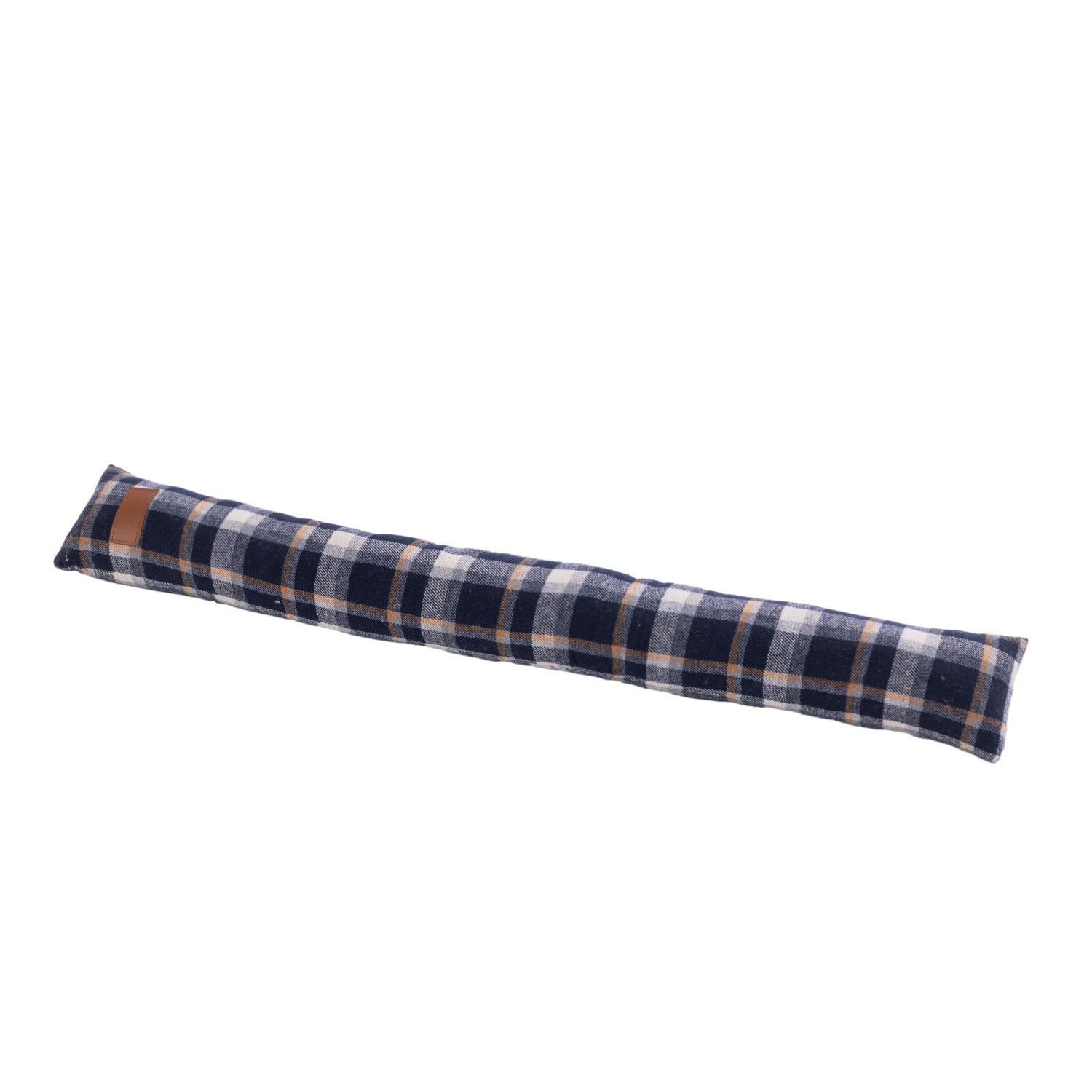 Navy, grey and white checked draught stopper with tan accents and a brown faux leather tab.