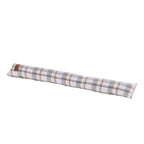 Blue and white checked draught stopper with taupe and tan accents and a brown faux leather tab.